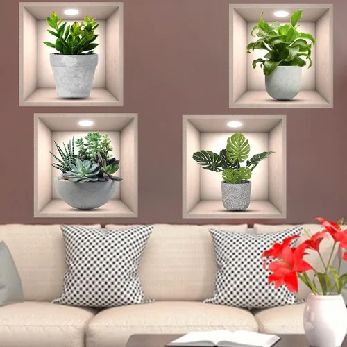 Vista 4 de iMagitek Paquete de 4 Pegatinas de Pared de Plantas Verdes 3D Calcomanías de Pared de Plantas Botánicas para Dormitorio, Sala de Estar, Cocina