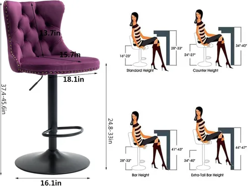 Vista 126 de Aoowow Juego de 2 taburetes de bar giratorios, taburetes de bar ajustables con respaldo de terciopelo copetudo, sillas de bar modernas tapizadas