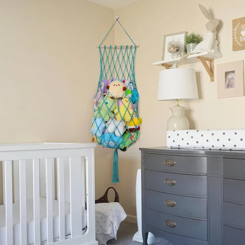 Vista 2 de Almacenamiento de Animales de Peluche de 68 Pulgadas, Hamaca Jumbo de Macramé para Animales de Peluche en Esquina, Hamaca Colgante de Pared y Techo