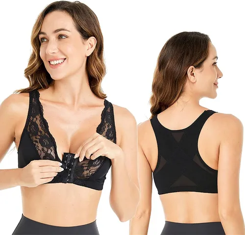 Vista 6 de Glamibra Bras, sujetador de cierre frontal en forma de X en la espalda para apoyo, sin aros de encaje para mujer