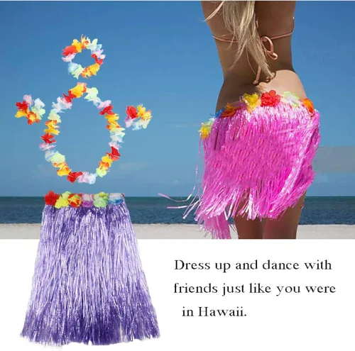 Vista 4 de Faldas de hierba para adultos, falda hula talla grande, disfraz de fiesta hawaiana Luau Dance Hawaiian Party Costume cintura elástica, Púrpura