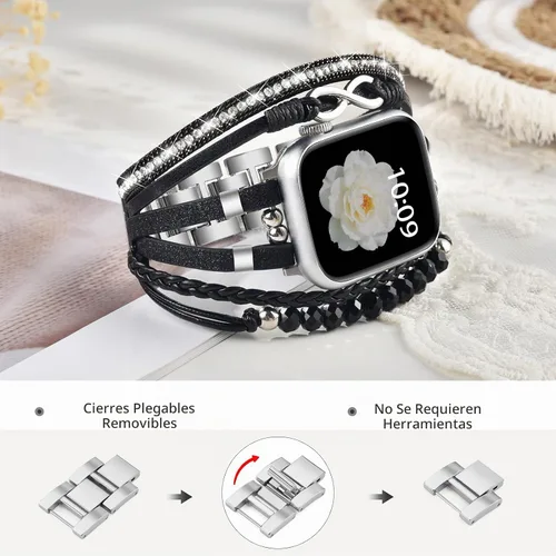 Vista 2 de Pulsera con cuentas boho para Apple Watch Band de 46 mm, 40 mm, 38 mm, 41 mm, 44 mm, 42 mm, 45 mm, 49 mm para mujer, accesorios de cuero envolvente