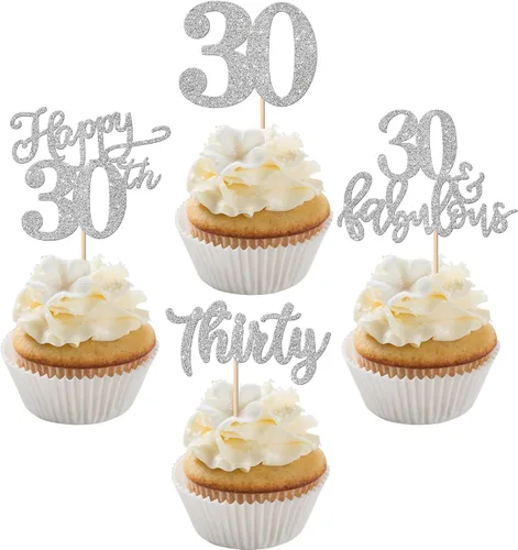 Vista 16 de Rsstarxi Paquete de 24 adornos con purpurina para cupcakes de 30 cumpleaños, treinta y 30 fabulosas selecciones de cupcakes, decoraciones para feliz