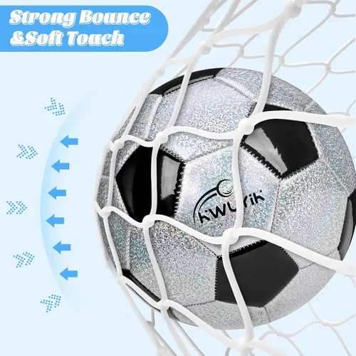 Vista 5 de Balón de fútbol de tamaño 3, 4, 5, con purpurina, rosa, morado, negro y plateado con inflador, pelota de fútbol para niños pequeños de 3 a 6 años, 6