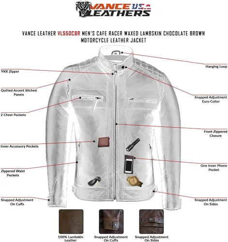 Vista 14 de Vance Leather ' Cafe Racer - Chaqueta de piel de cordero encerada para hombre, color marrón Austin