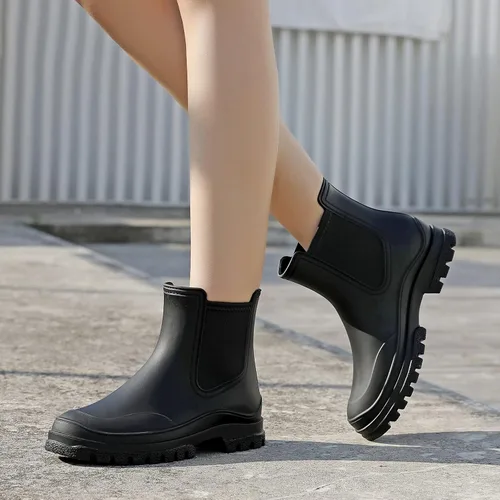 Vista 5 de Botas de lluvia para mujer, cómodos botines elásticos para adultos, botas Chelsea de tacón medio a la moda, impermeables, antideslizantes, suela