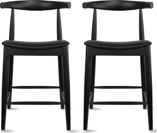 Vista 13 de 2xhome Taburete de bar de altura de mostrador con codo, marco de madera, taburetes de bar con respaldos abiertos, cojín de cuero PU oscuro, negro