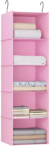 Vista 24 de Organizador colgante para armario y almacenamiento con 3 estantes, estantes colgantes plegables de montaje fácil para guardar ropa, bolsos, zapatos