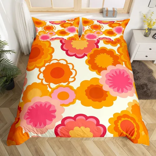 Vista 8 de Juego de ropa de cama Groovy de los años 60 y 70 para niños, funda de edredón retro de flores hippie para niños, adolescentes, vintage, bohemio
