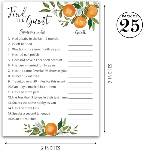 Vista 2 de A Little Cutie Baby Shower Games — Juego ENCUENTRA AL INVITADO — Paquete de 25 — Actividad de baby shower rompehielos, tema de naranja cítrica