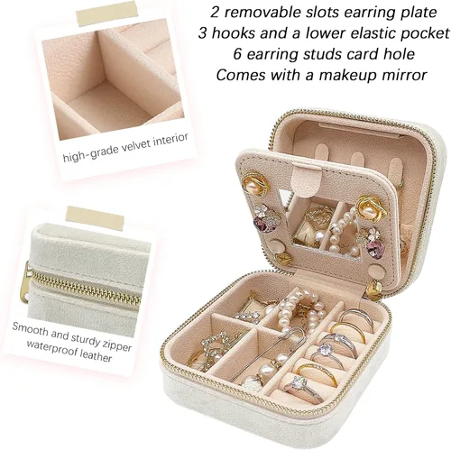 Vista 4 de Soddeph Joyero de terciopelo con espejo, mini estuche de joyería de viaje, estuche de viaje de joyería de felpa, pequeño organizador de joyas