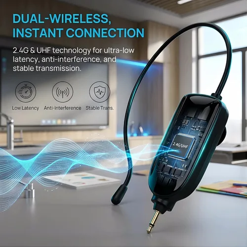 Vista 2 de Auriculares de micrófono inalámbrico 2.4G, micrófono inalámbrico UHF y micrófono de mano 2 en 1, rango de 165 pies, conectores de 0.138 in y 0.250