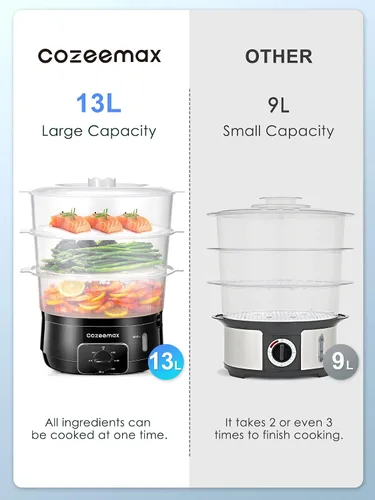 Vista 2 de Vaporizador eléctrico de 3 niveles para cocinar, vaporizador de verduras de 13.7 cuartos de galón para cocción simultánea rápida, vaporizador