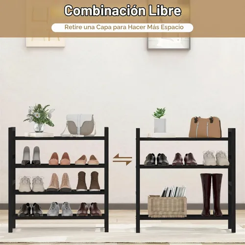 Vista 5 de Zapatero de bambú organizador de zapatos de pie libre, negro, 4 niveles Marrón