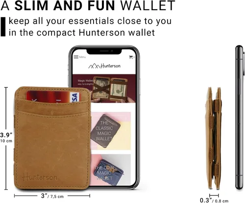 Vista 2 de Hunterson Cartera mágica, cartera minimalista para hombres con tarjetero RFID, cartera de cuero para 8 tarjetas, 03 Coñac, Cartera Rfid