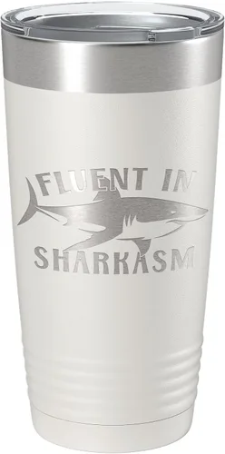 Vista 21 de Fluent in Sharkasm Tumbler Sarcasm Travel Mug Funny Shark Gift Insulated Laser Engraved Coffee Cup 20 oz Black