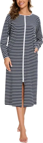 Vista 9 de Camisones de Manga Corta con Cremallera Frontal para Mujer, Batas de Algodón de Longitud Completa, Bata Suelta de Casa/Ropa de Descanso con Bl&blanco