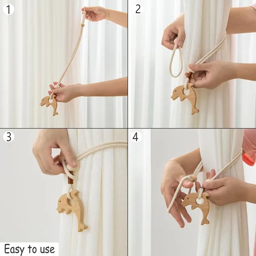 Vista 5 de Abrazaderas de madera para cortinas de animales, cuerdas de algodón, para tratamiento de ventanas con cuentas de madera natural para decoración