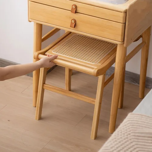 Vista 3 de Escritorio de maquillaje para dormitorio con espejo, tocador con 2 cajones, escritorio de tocador con silla de tocador, juego de tocador de Taburete