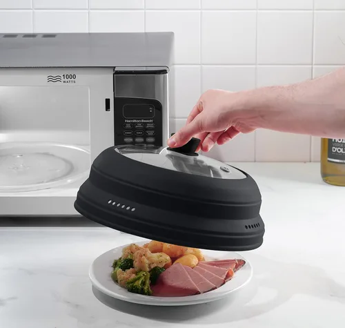 Vista 4 de Godinger Cubierta para salpicaduras de microondas, cubierta de microondas para alimentos, tapa de placa plegable con mango de fácil agarre, vidrio