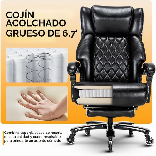 Vista 5 de Silla de oficina ejecutiva grande y alta, 500 libras, silla de escritorio de piel sintética resistente, altura ajustable de 90° a 155°, silla