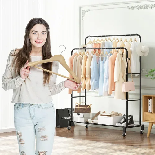 Vista 2 de Sooyee Perchero de doble barra con ruedas, perchero de 3 niveles para colgar ropa, perchero portátil con 4 ganchos para dormitorio, cuarto de Negro
