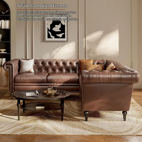 Vista 3 de Sofá modular Chesterfield de 85 pulgadas, sofá convertible de piel sintética en forma de L con cabeza de clavo copetuda y brazos enrollados, sofás