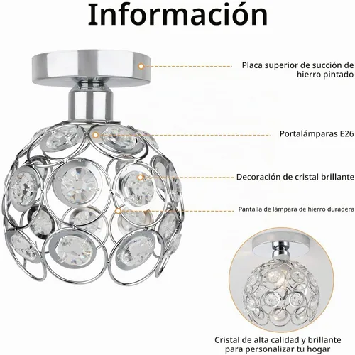 Vista 9 de Lámpara de araña mini plateada, lámpara de techo de cristal, luces de pasillo semiempotradas, pequeñas cubiertas de lámpara de araña de metal hechas