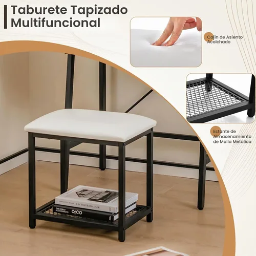 Vista 5 de GOFLAME Juego de mesa de tocador con espejo abatible, escritorio de tocador de escalera y taburete acolchado con estantes y compartimentos de negro
