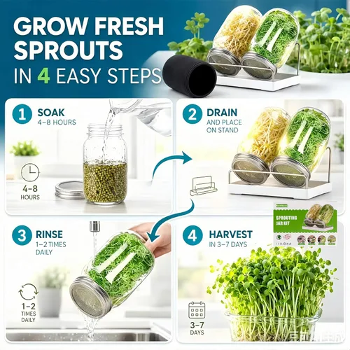 Vista 2 de Kit Premium de Frascos para Germinación 2 Piezas Frascos Mason Grandes de Boca Ancha Con Tapa de Malla para Brotes, Soporte para Frasco
