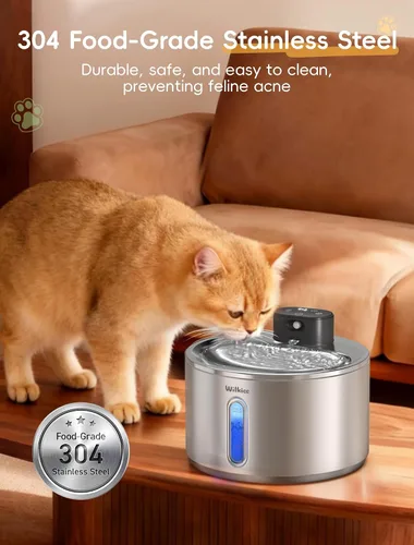 Vista 9 de Fuente de agua inalámbrica para gatos WILKIEE, 135 fl.oz/4L, fuente de agua de acero inoxidable para gatos, dispensador de agua para mascotas