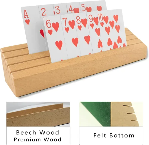 Vista 3 de VINJOE Paquete de 2 soportes de madera para naipes organizadores para niños y adultos mayores, soportes para cartas de madera de haya maciza