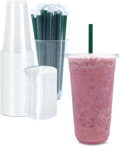Vista 12 de [50 juegos] Vasos de plástico transparente de 12 onzas con tapas y popotes, tazas desechables para café helado con tapas, tazas transparentes