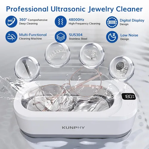 Vista 2 de KUNPHY Limpiador Ultrasónico de Joyería Mejorado, Máquina Limpiadora Ultrasónica Profesional de 350ML 48KHz con 3 Temporizadores Digitales