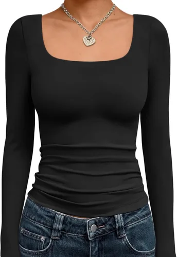 Vista 27 de Trendy Queen - Camisas ombligueras para mujer, manga larga, cuello cuadrado, básicas, para salir, de invierno, Y2K Albaricoque