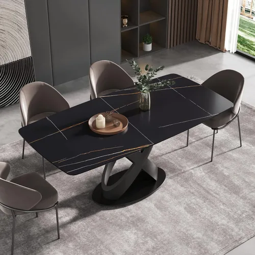 Vista 9 de Mesa de comedor moderna, mesa de piedra sinterizada blanca antigua con base de acero al carbono sólido en forma de X negra, mesa de comedor Blanco