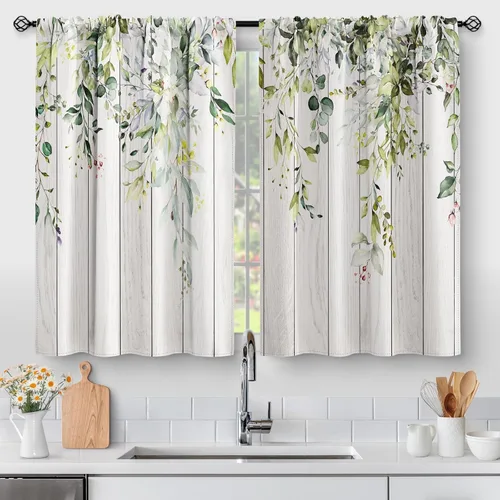 Vista 20 de Aimego Cortinas de Cocina de Eucalipto Primaveral - Hojas de Plantas de Acuarela Floral Azul con Cortinas de Nivel Botánico Floral para Cafetería