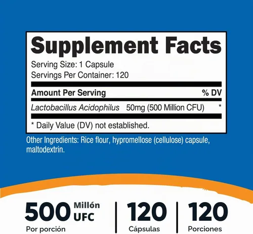 Vista 2 de Nutricost Lactobacillus Acidophilus 500 millones de UFC por porción, 120 cápsulas