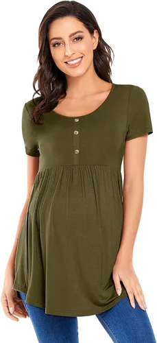 Vista 4 de POSHGLAM Camisetas de maternidad para mujer, cuello redondo, ropa de embarazo fruncida con acento de botón