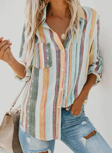 Vista 2 de Astylish Blusa con botones y manga enrollable, cuello en V, a rayas, para mujer
