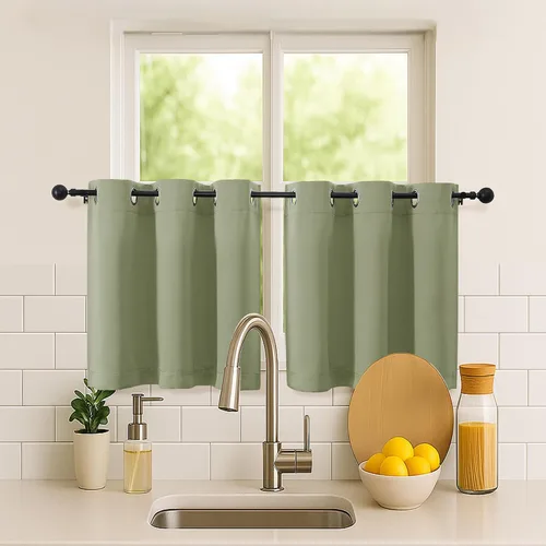 Vista 69 de Simplebrand Juego de 2 paneles de cenefa aguamarina para ventana de cocina de 14 pulgadas de largo, cortinas de oscurecimiento de habitación