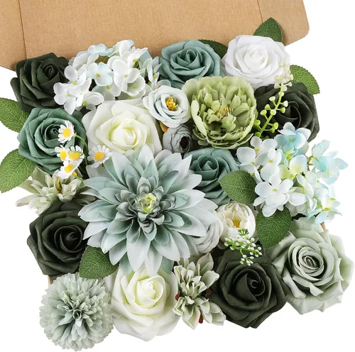 Vista 11 de AmyHomie - Juego de flores artificiales azules, mezcla de seda, peonía, rosa, hortensia, flores falsas con tallo para bricolaje, ramos de boda