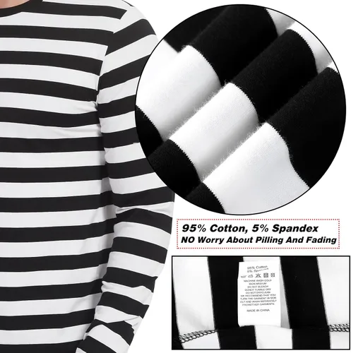 Vista 4 de LEDING Camisa para hombre a rayas, color negro, blanco, algodón, elastano, cuello redondo, manga larga, básica, a rayas, casual, camiseta de cuello