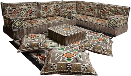Vista 122 de arabicsofa Juego de asientos Jalsa en forma de L – Majlis árabe hecho a mano con almohadas de respaldo
