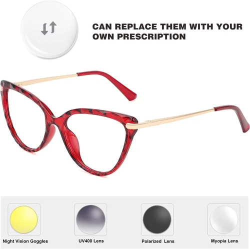 Vista 3 de WOWSUN Montura de lentes de ojo de gato de cristal sexy para mujer, sin receta, marco de anteojos falsos con lente transparente