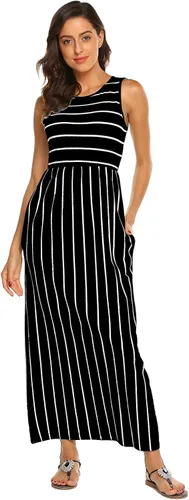Vista 3 de Hount Vestido largo informal de verano para mujer holgado a rayas sin mangas con vuelo con bolsillos