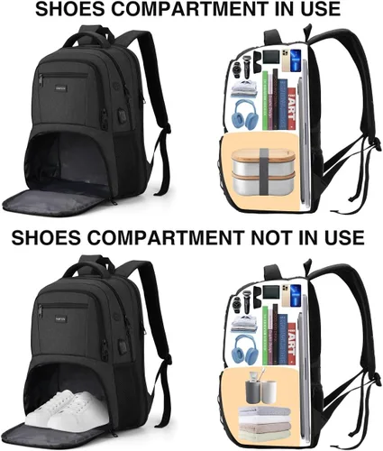 Vista 2 de YAMTION Mochila de gimnasio para hombres y mujeres con compartimento para zapatos, bolsa de libros de 17,3 pulgadas para niños con puerto USB