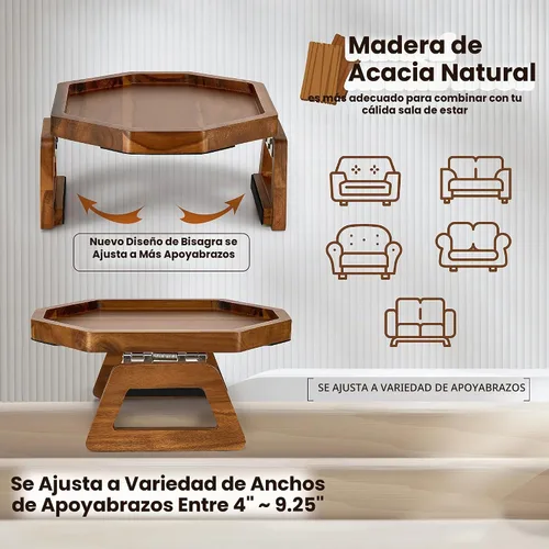 Vista 3 de Tinamo Bandeja para apoyabrazos de sofá octagonal de acacia, mesa de reposabrazos de sofá con brazos plegables - Caddy para sillón, bandeja con clip