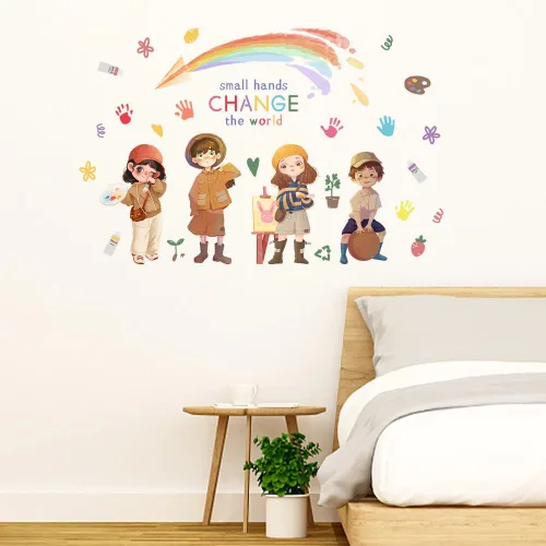 Vista 3 de SUPERDANT Calcomanía de pared para guardería, diseño de manos pequeñas que cambian el mundo, inspirador, diversidad, inclusión, impresiones