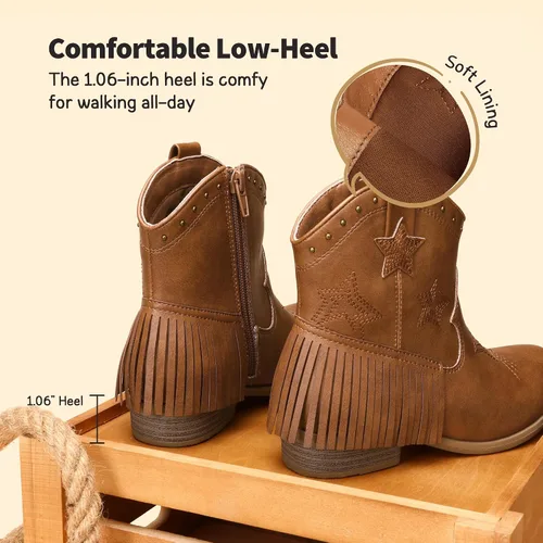 Vista 4 de DREAM PAIRS Botas vaqueras para niñas, estilo vaquero, con cremallera lateral, con borla, para niños pequeños y grandes